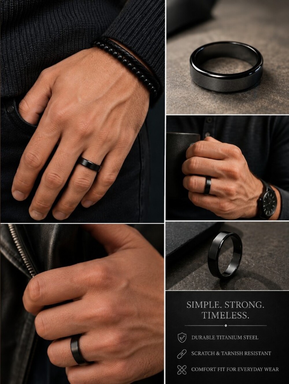 Simple Black Titanium Steel Band Ring